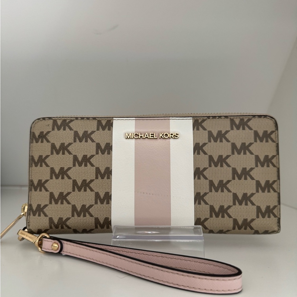 Michael Kors Tan‎ and Pink Logo Wristlet